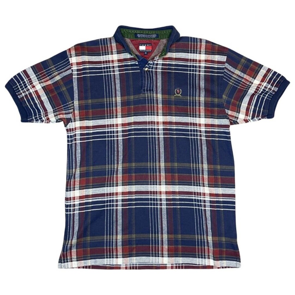 Vintage Tommy Hilfiger Mens Red Blue Plaid 90's Crest Logo Style MEDIUM
